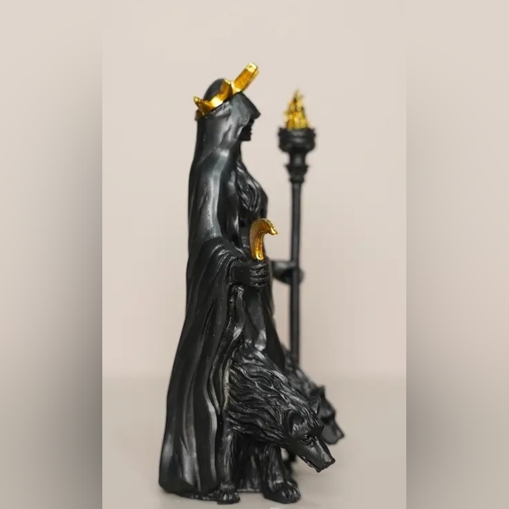 Black and Gold Goddess Statue with Wolves - Picture 2 of 5